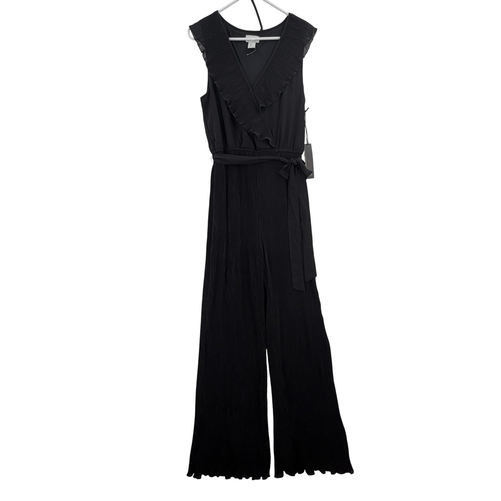 Nicole Miller New York Jumpsuit Womens Large Black Ruffle Wrap Pleated Wide Leg