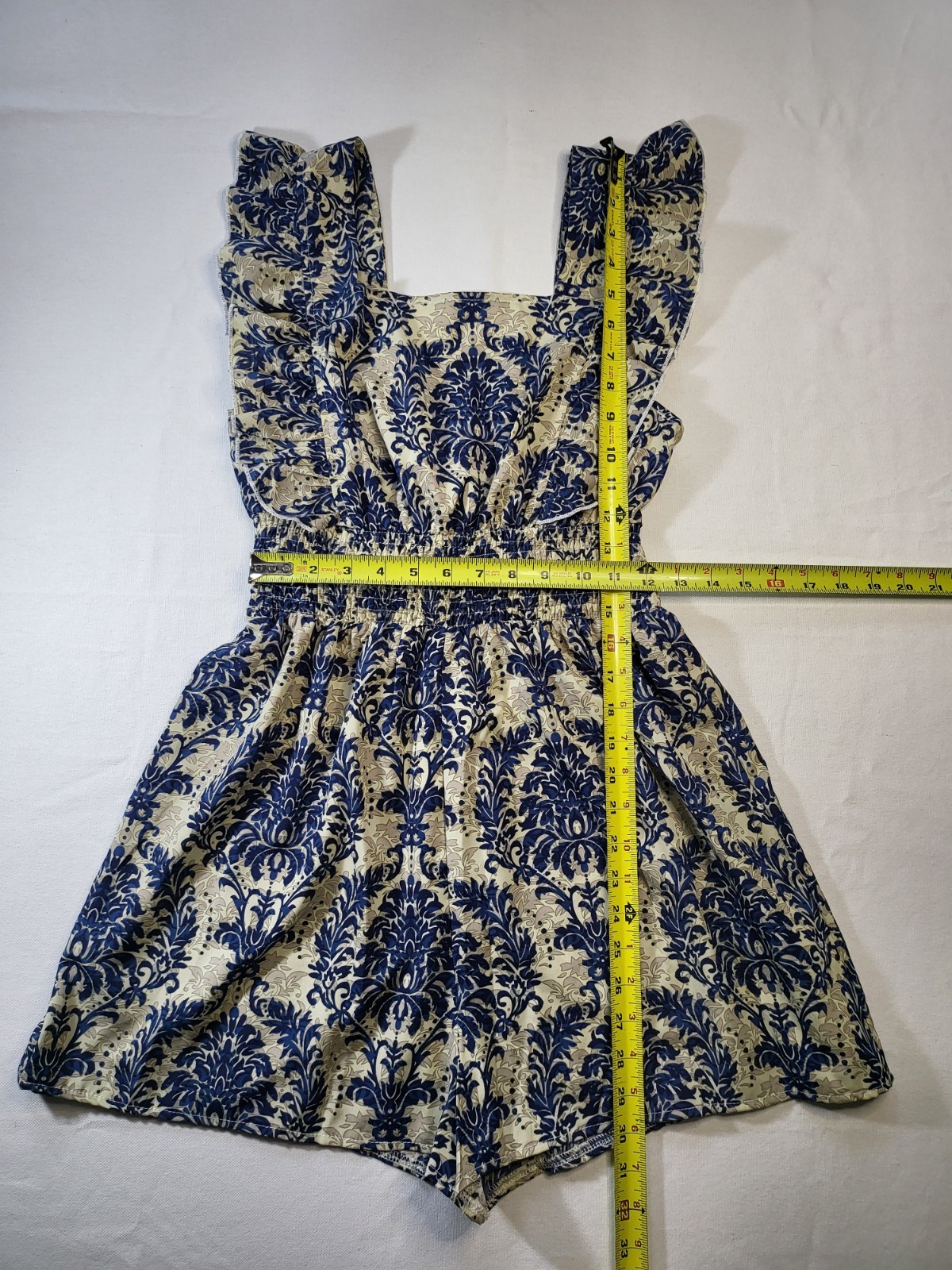 SHEIN Blue & White Damask Ruffle Strap Smocked Romper – Size M (US 6)