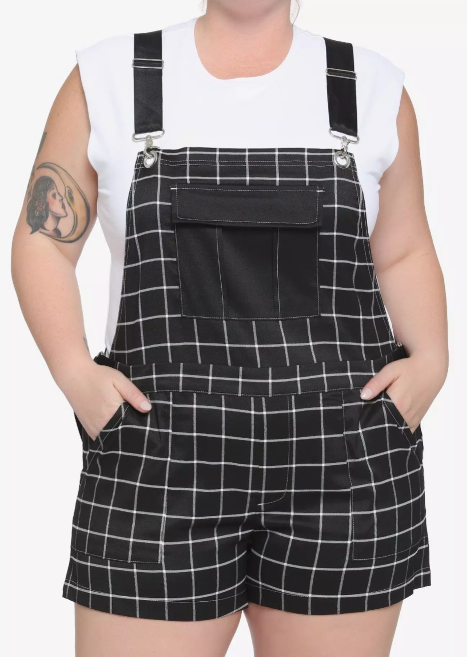 Hot Topic Black & White Windowpane Grid Print Shortalls Size XL Punk Rockabilly