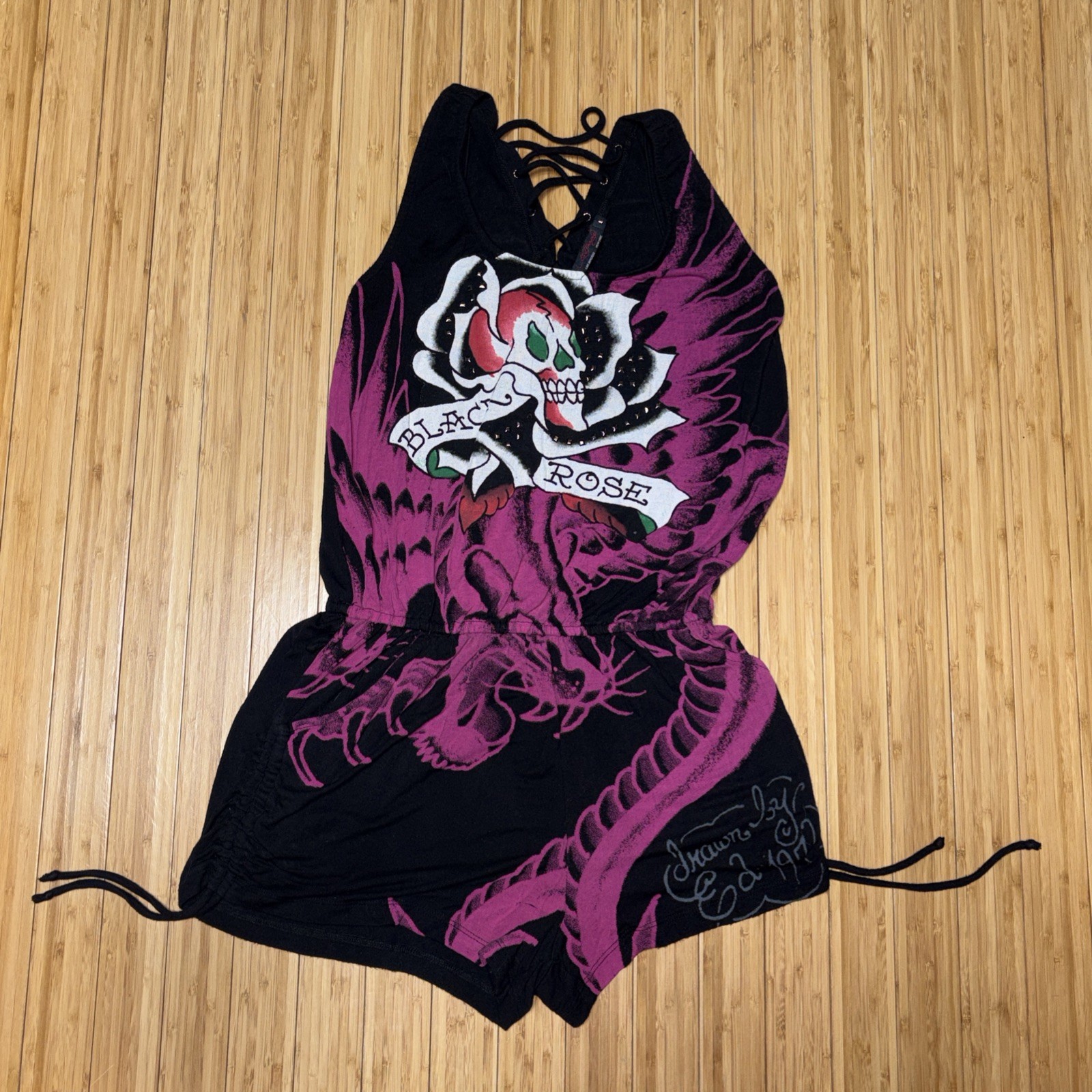 Ed Hardy Romper Playsuit Black Rose Skull Studded Shortalls Large Tank Lace Up