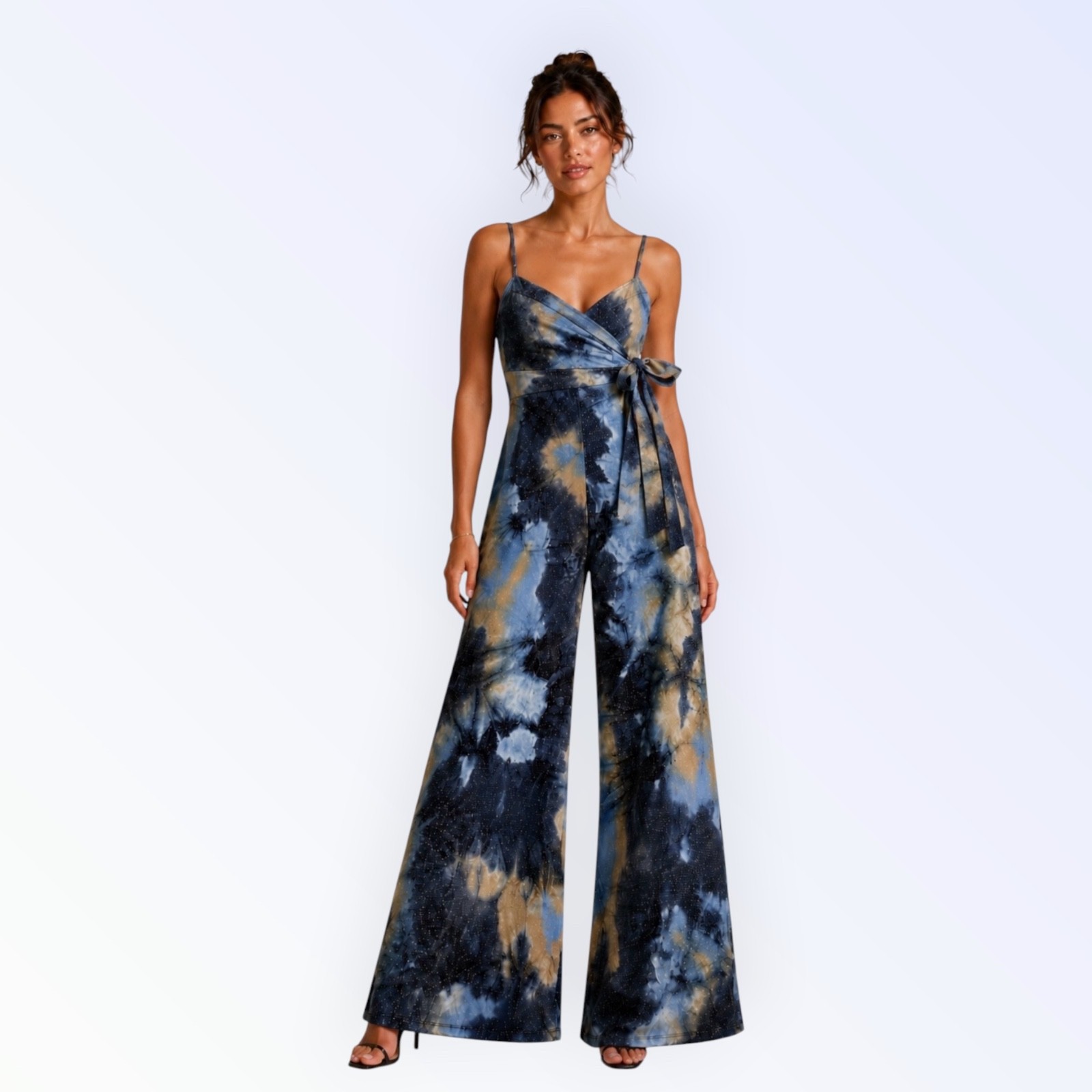Metallic Galaxy Marble Print Wide Leg Jumpsuit L Wrap Empire Waist Y2K Boho USA