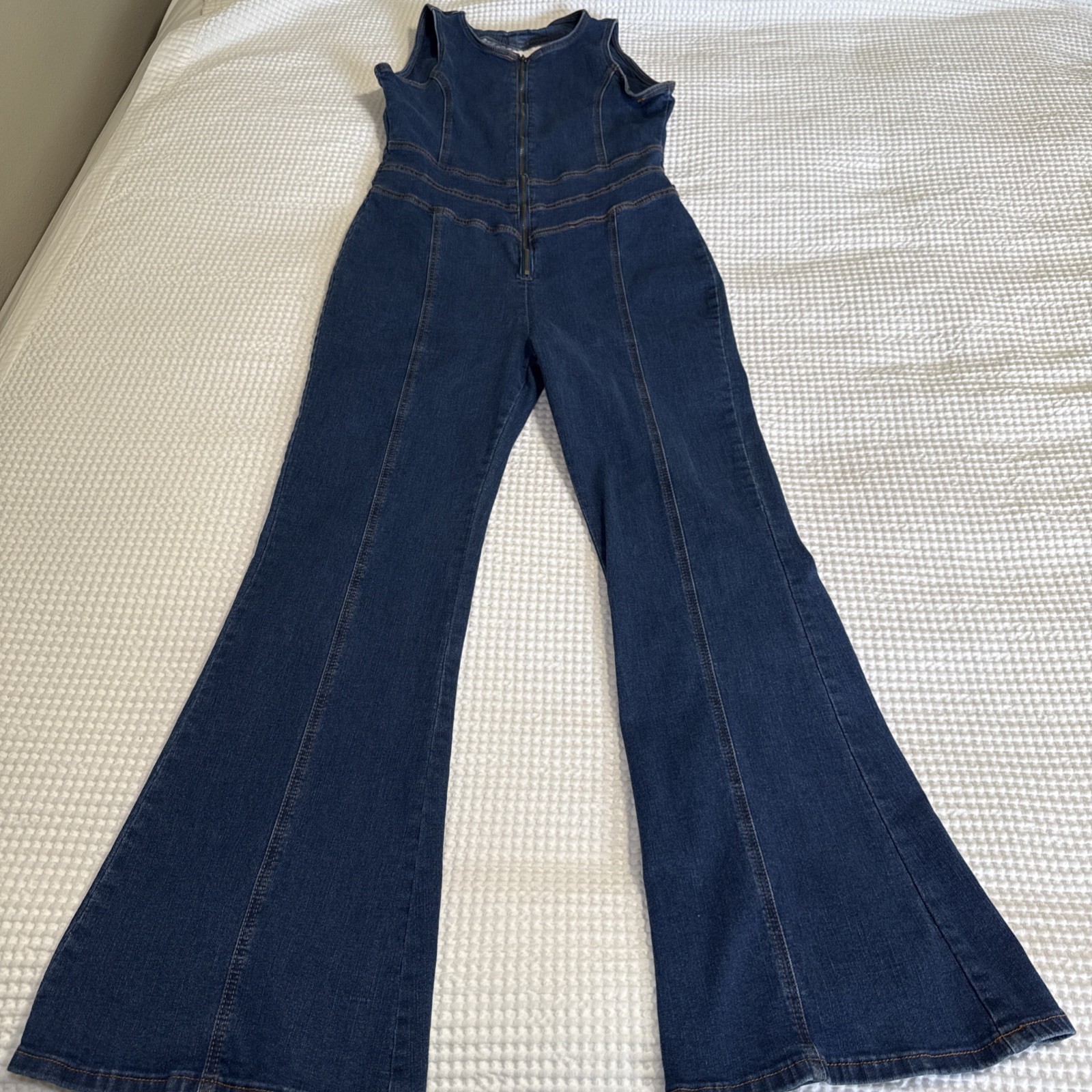 Overalls Front Zip Sleeveless Flare Leg Blue Denim Bib Jumpsuit Stretch Size L