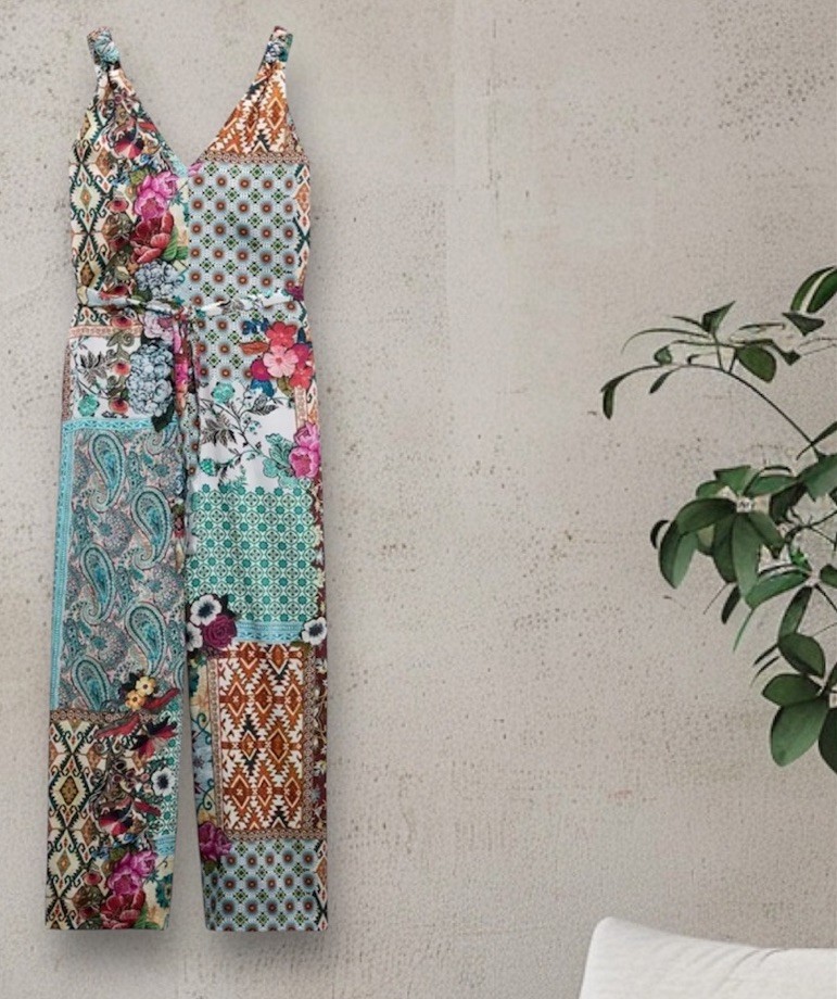 NWTZARA KNOTTED WIDE STRAPS PATCHWORK PRINT JUMPSUIT