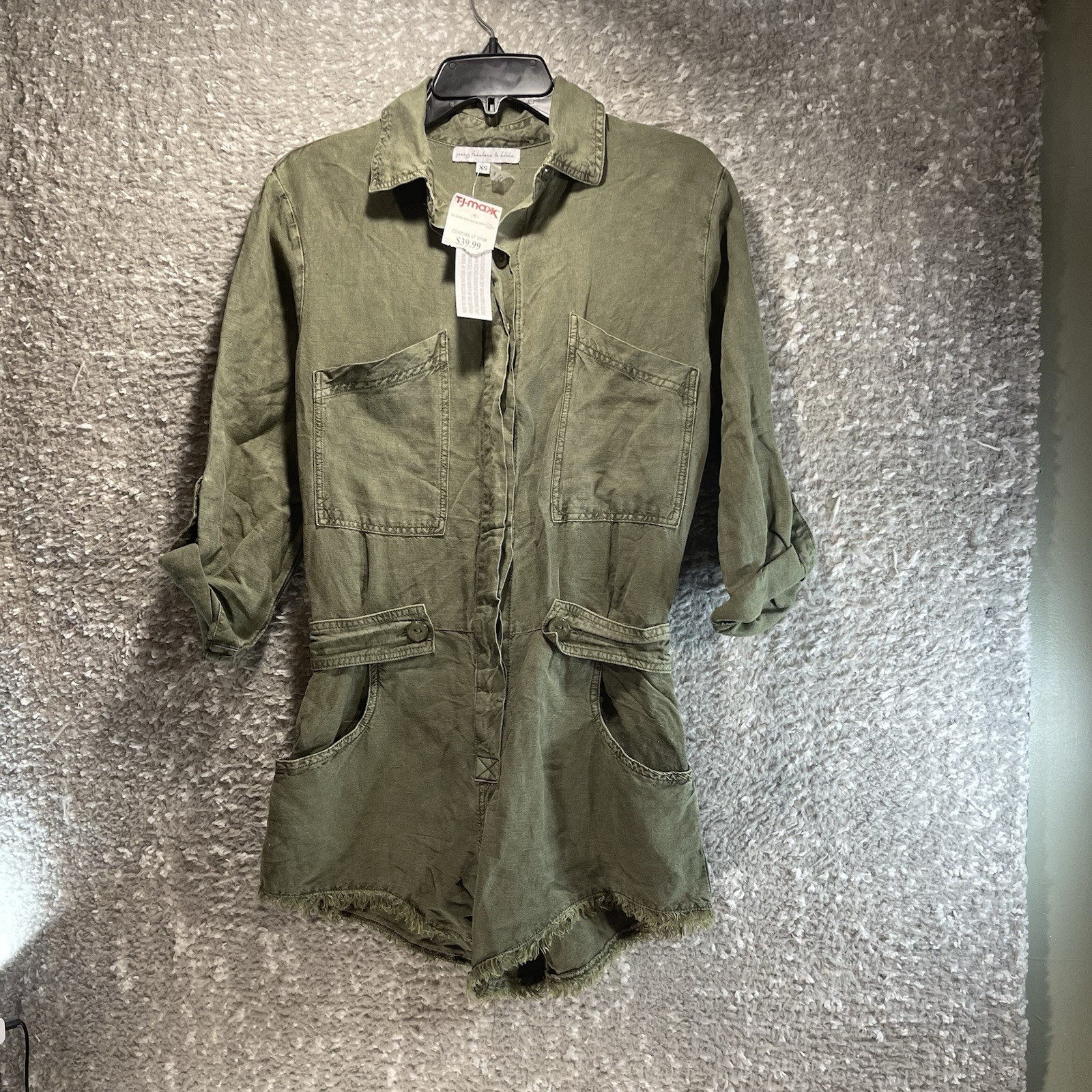 Young Fabulous Broke Women’s River Run Romper Green Linen Blend Raw Hem XS NWT