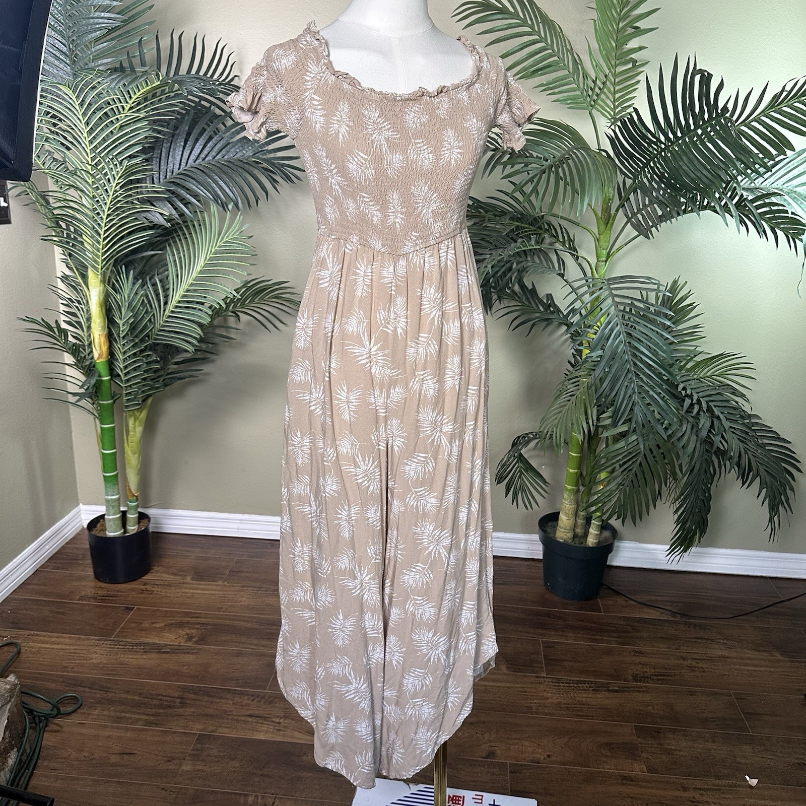 Audrey Parks x Francesca’s Romper Women L Smocked Bodice Pockets Ankle Tropical