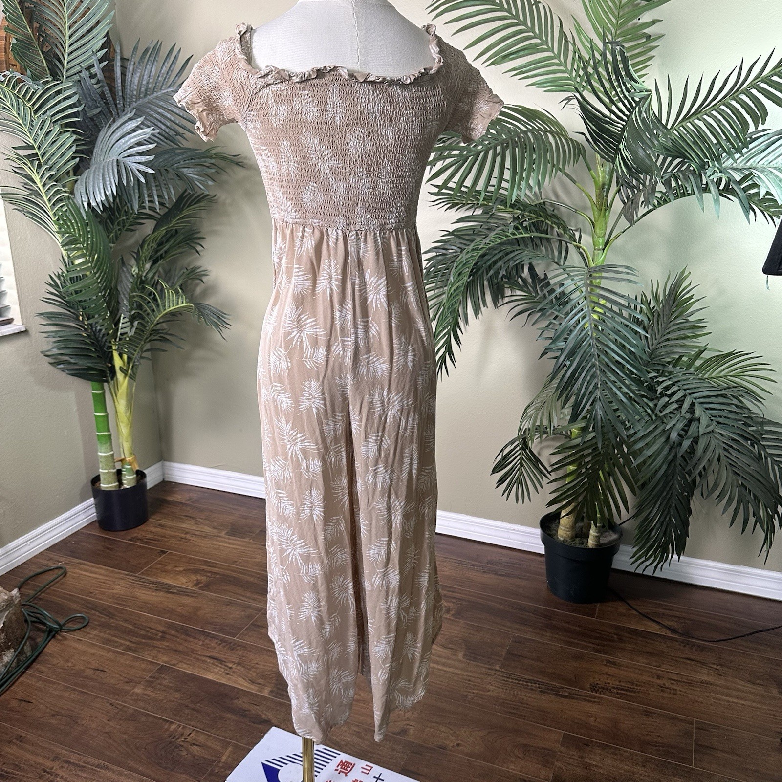 Audrey Parks x Francesca’s Romper Women L Smocked Bodice Pockets Ankle Tropical