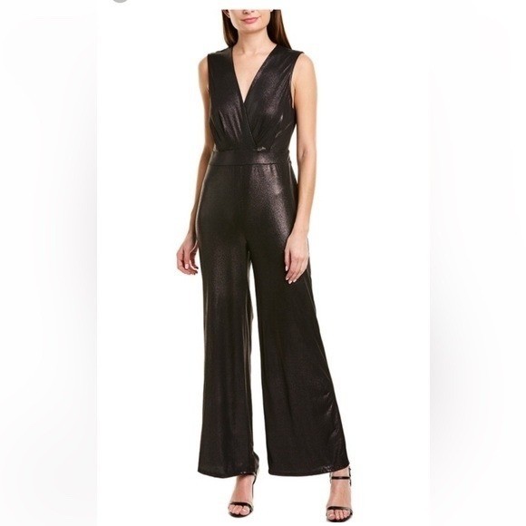 BCBGeneration Womens Metallic Black Wide Leg Surplice V-Neck Jumpsuit Small