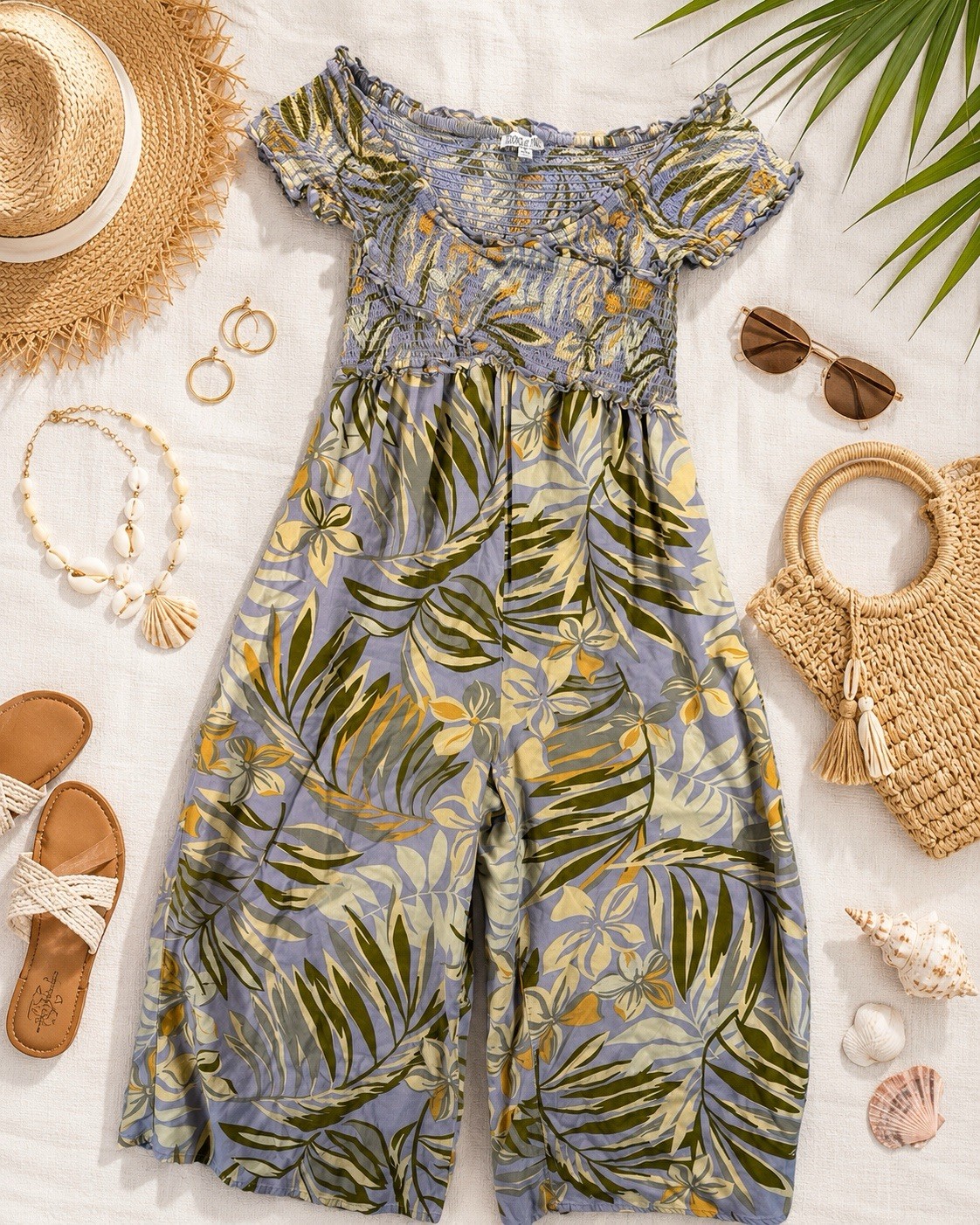 Patrons of Peace Romper S Smocked Tropical Boho Resort Pockets Rayon Flowy Beach