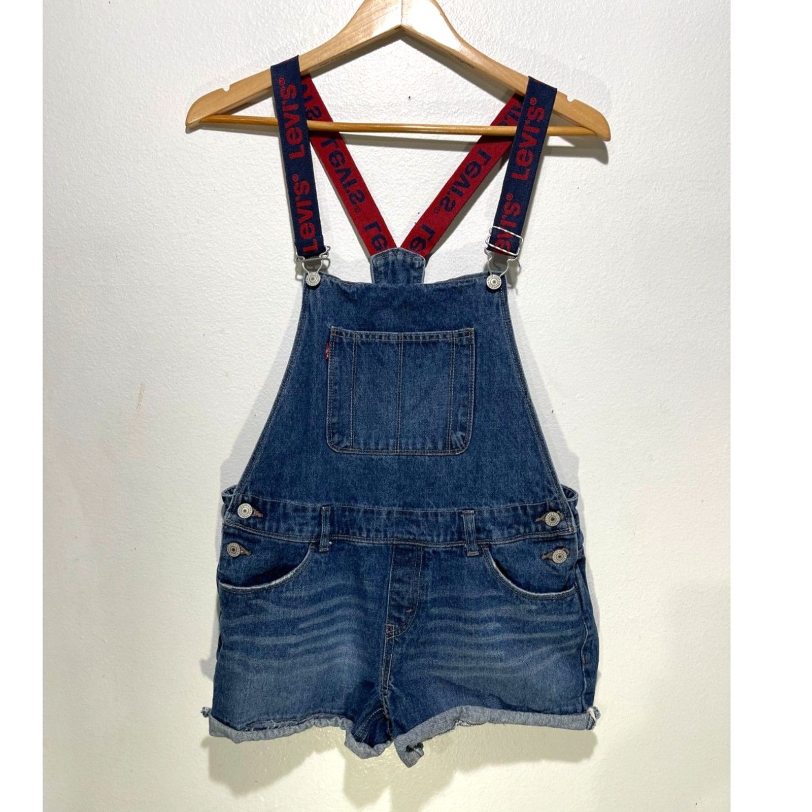 Levi’s denim shortall overall low rise stretch strap logo casual women 14.5 plus