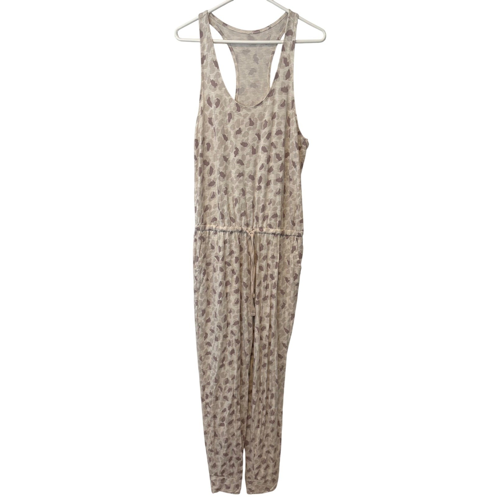 Aerie Leopard Print Sleeveless Jumpsuit Mauve Cream Racerback Pockets M Cozy