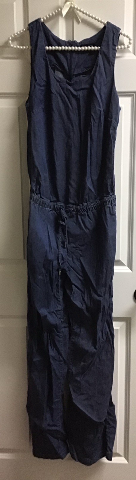 H by Halston Sleeveless Light Blue Chambray Jumpsuit Sz 12 Tencel Stretch (AJ)