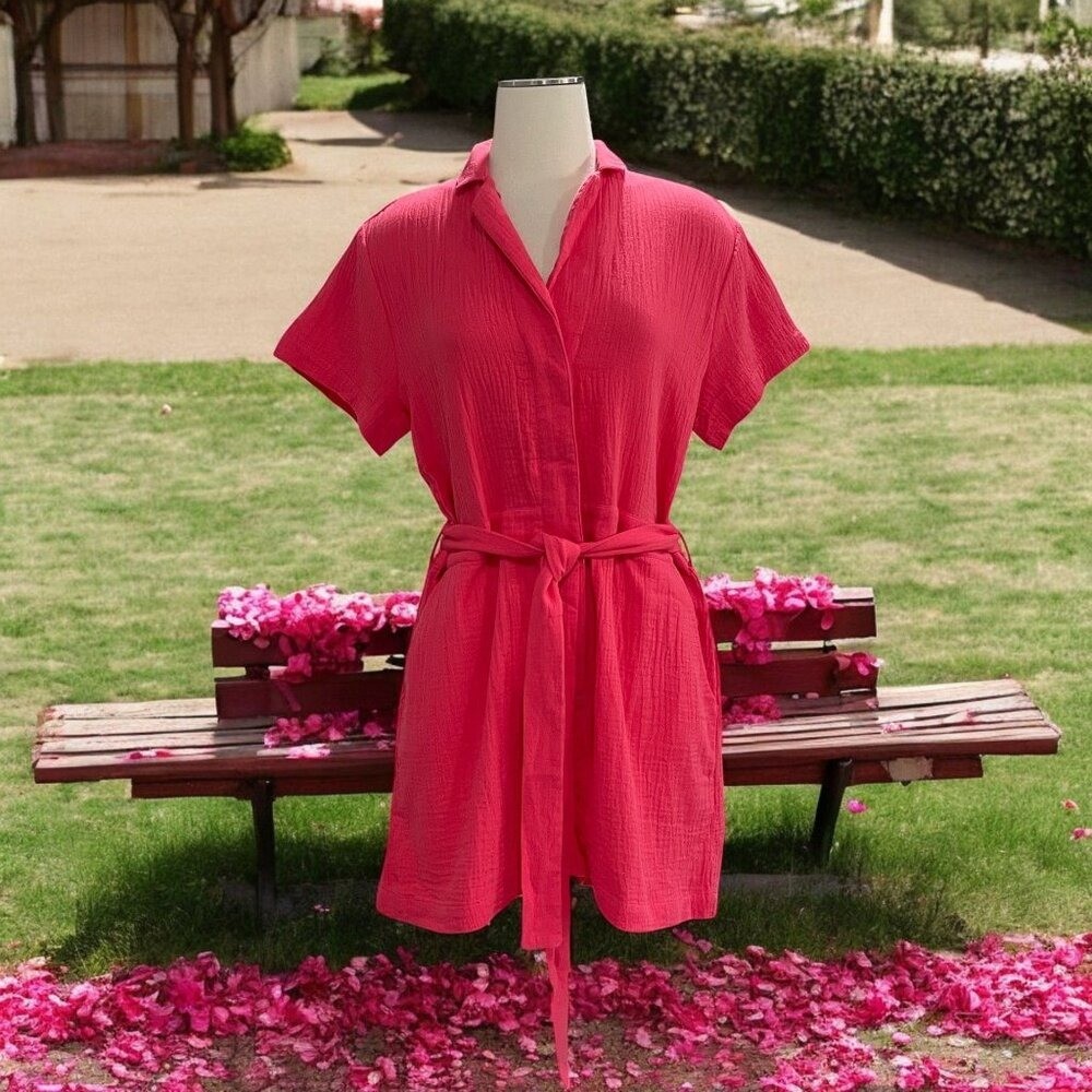 Gyal Bashy Organic Cotton Romper L Pink Belted Button Up Short Sleeve Playsuit