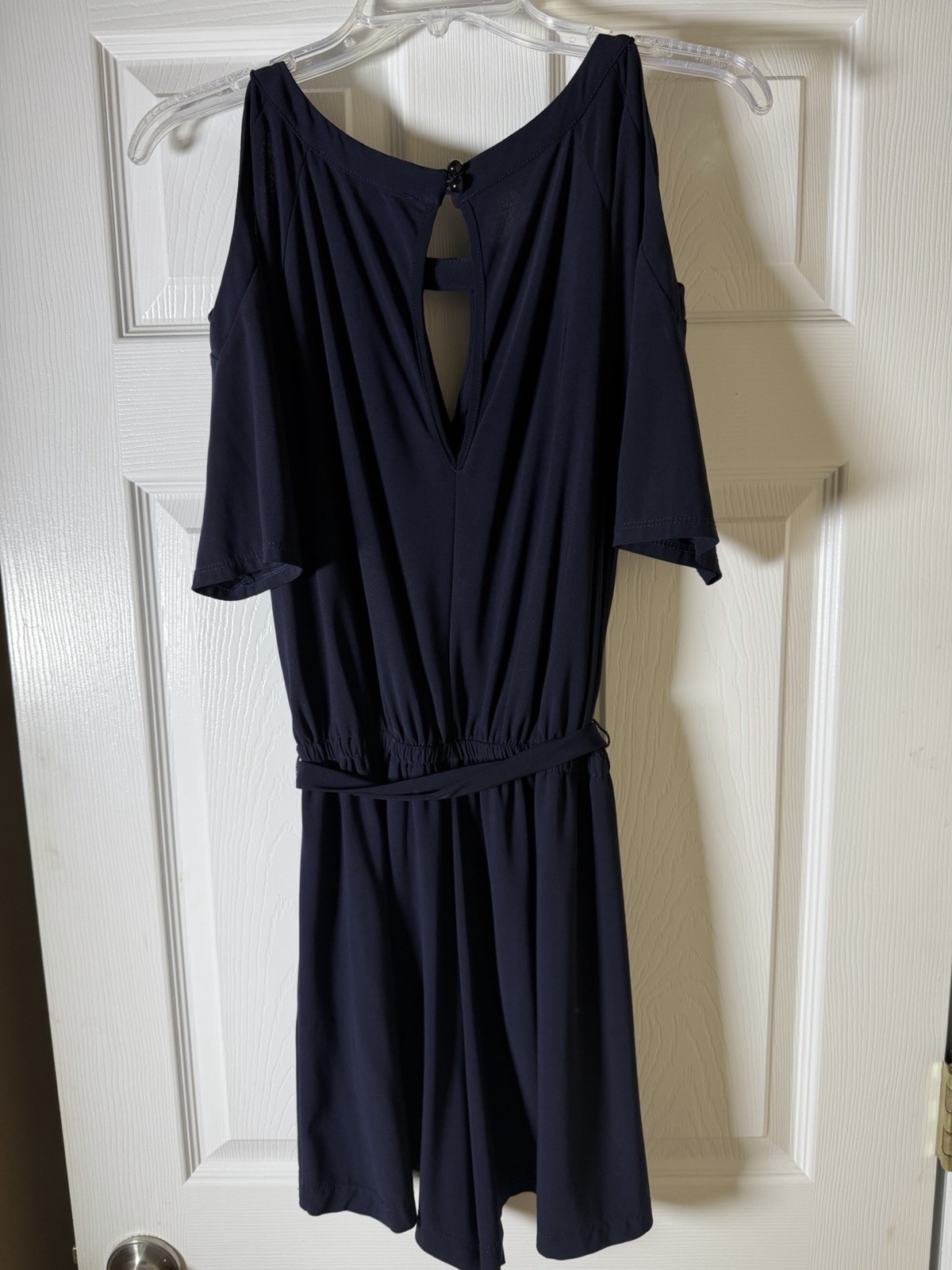 Emma & Michele Navy Blue Solid V-Neck Cold Shoulder Belted Romper Short Sleeve S