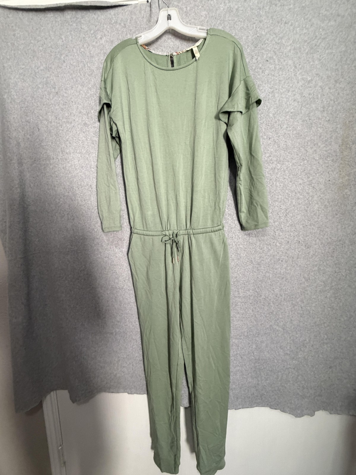Matilda Jane Jumpsuit Womens XS Green Jersey Long Sleeve Ruffle Waist Pockets