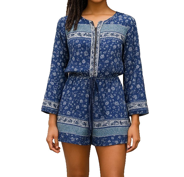 Ann Taylor Romper XS Blue Floral Lace High Neck Long Sleeve Adjustable Waist