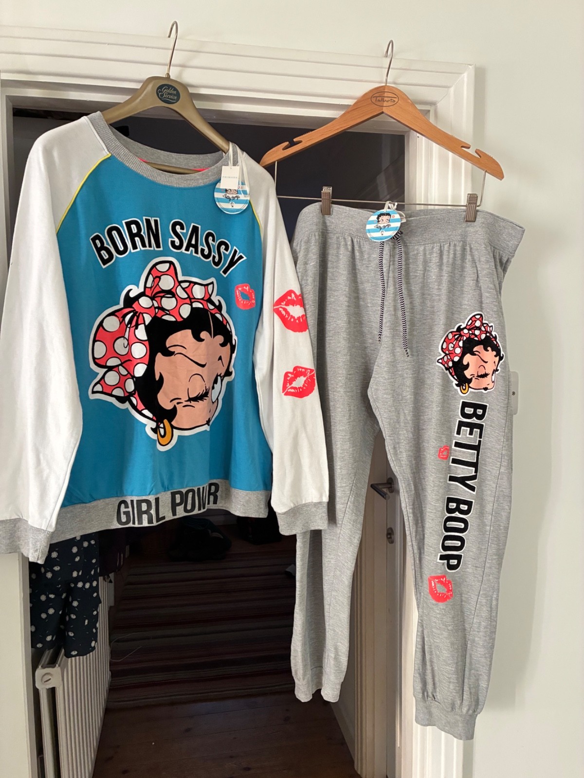 BNWT Betty Boop Girl Power adorable rare Pyjama Loungewear Set Grey/Blue XL