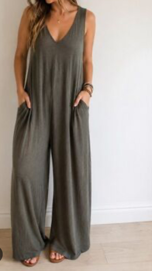 Natural Life Wide Leg Jumpsuit Baggy Sleeveless Olive Green One Size