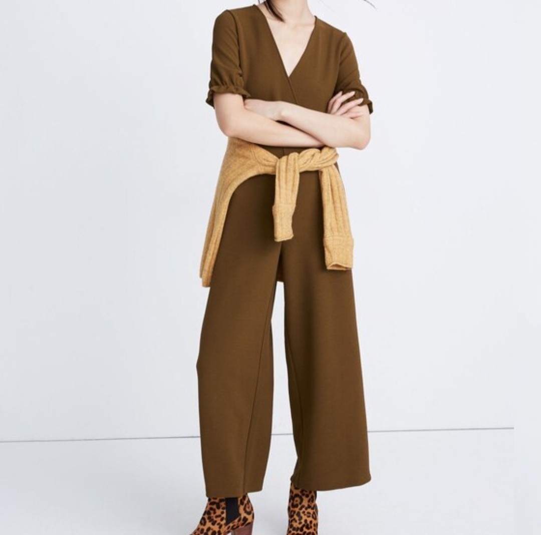Madewell Crepe Crossover Jumpsuit Large Green Wide Leg Short Sleeve