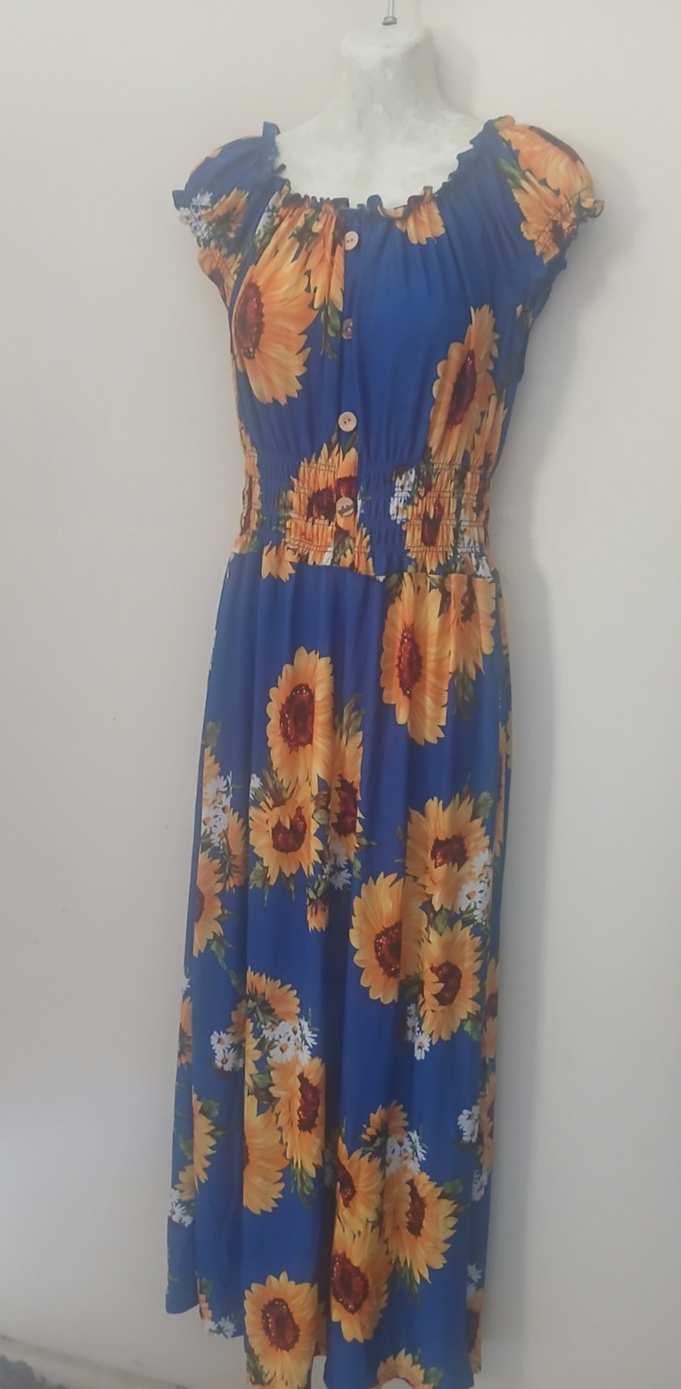 Women’s Blue Sunflower Floral Jumpsuit Short Sleeve Smocked Waist Button M