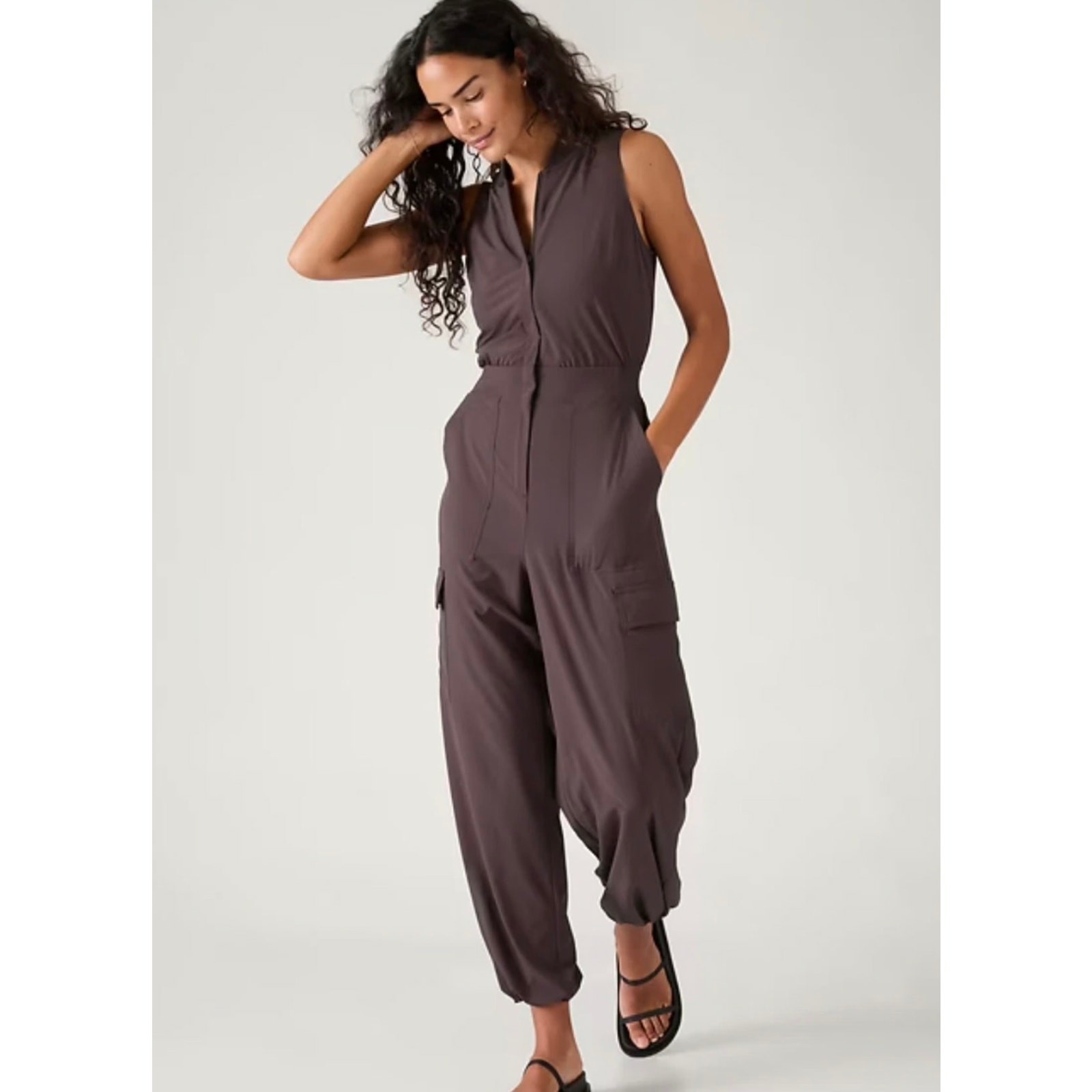 Athleta Brooklyn Utility Jumpsuit Cargo Pant Shale Gray Dusty Plum Neutral Sz 2