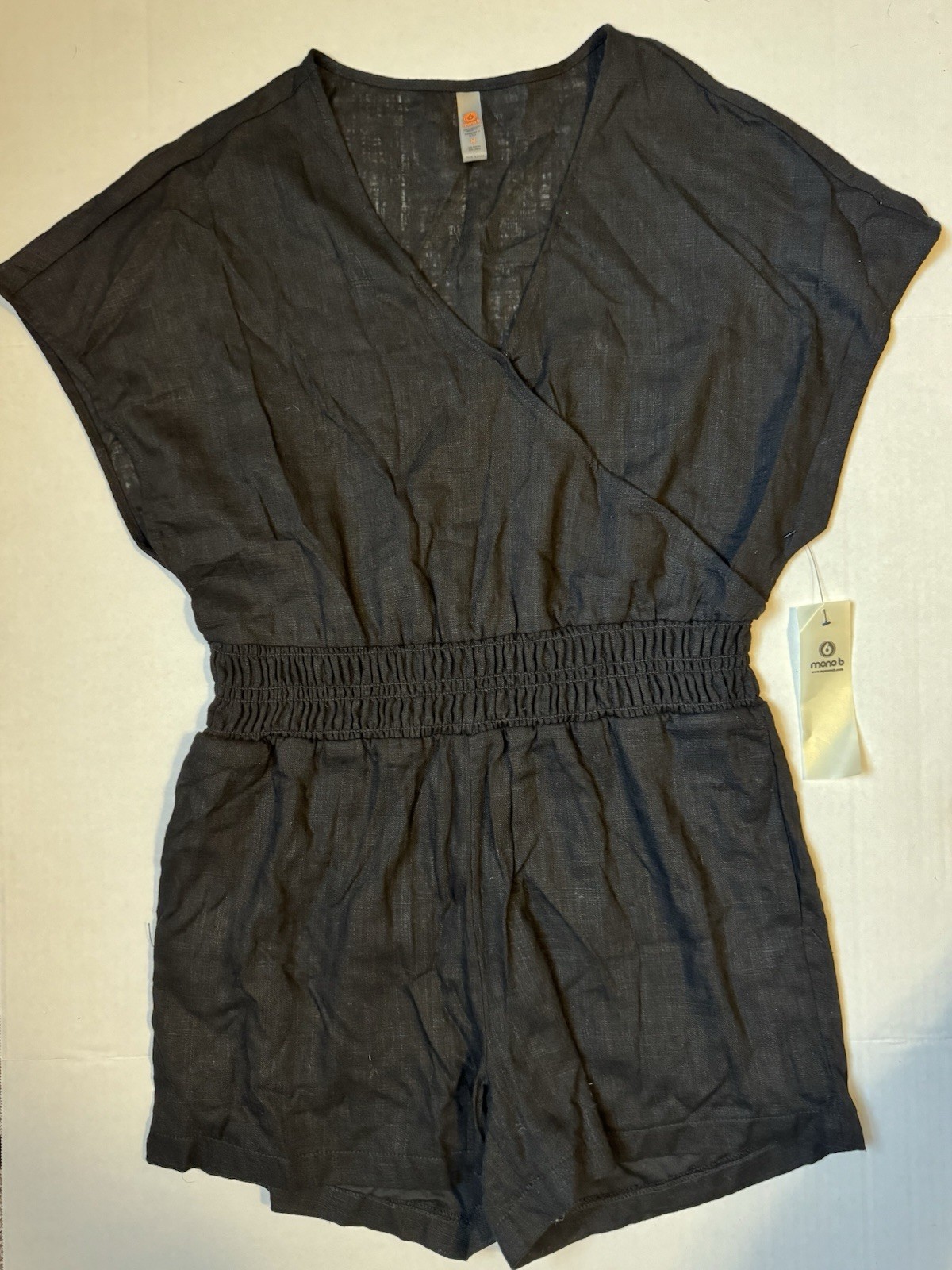 Mono b Black Linen Short Sleeve Shorts Romper Size M With Pockets NWT