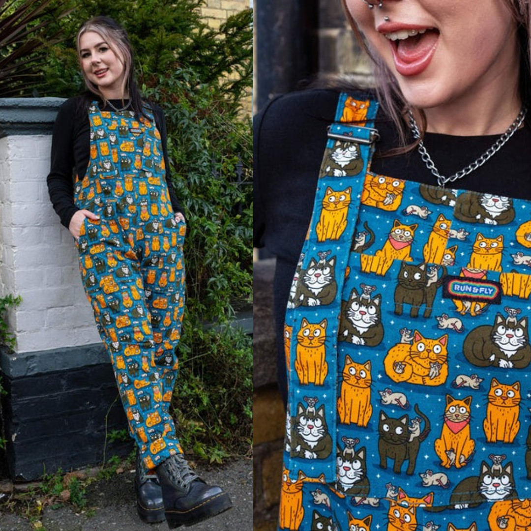 RUN and FLY Dungarees Cat and Mouse Stretch Cotton 4XS-4XL Overalls Cute Alt Blu