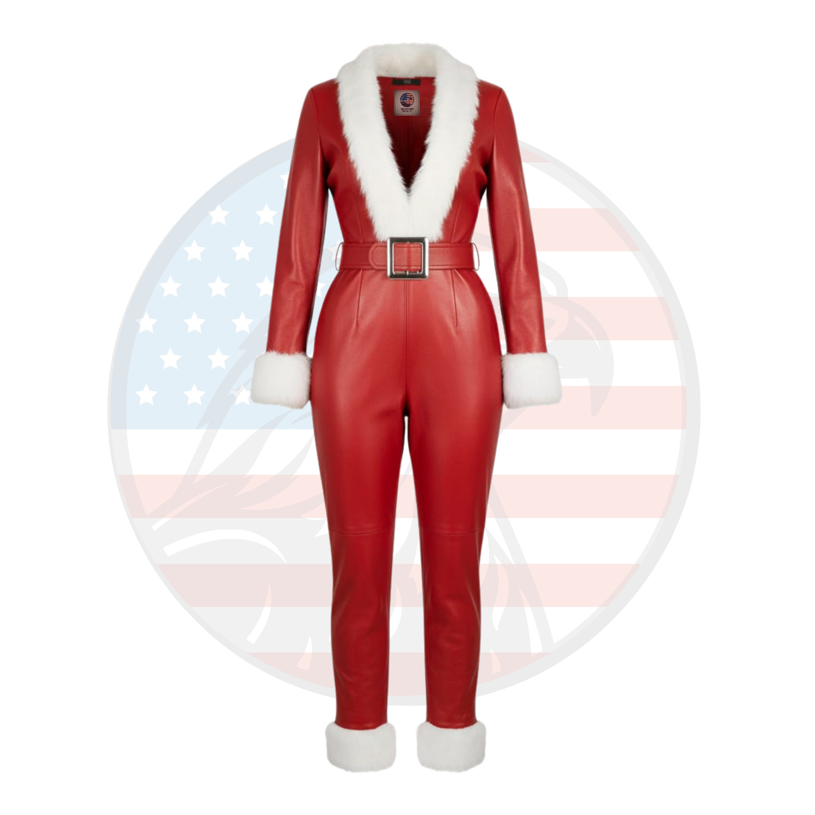 Womens Red Lambskin Shearling Fur Christmas Jumpsuit Sexy Winter Party Outfit