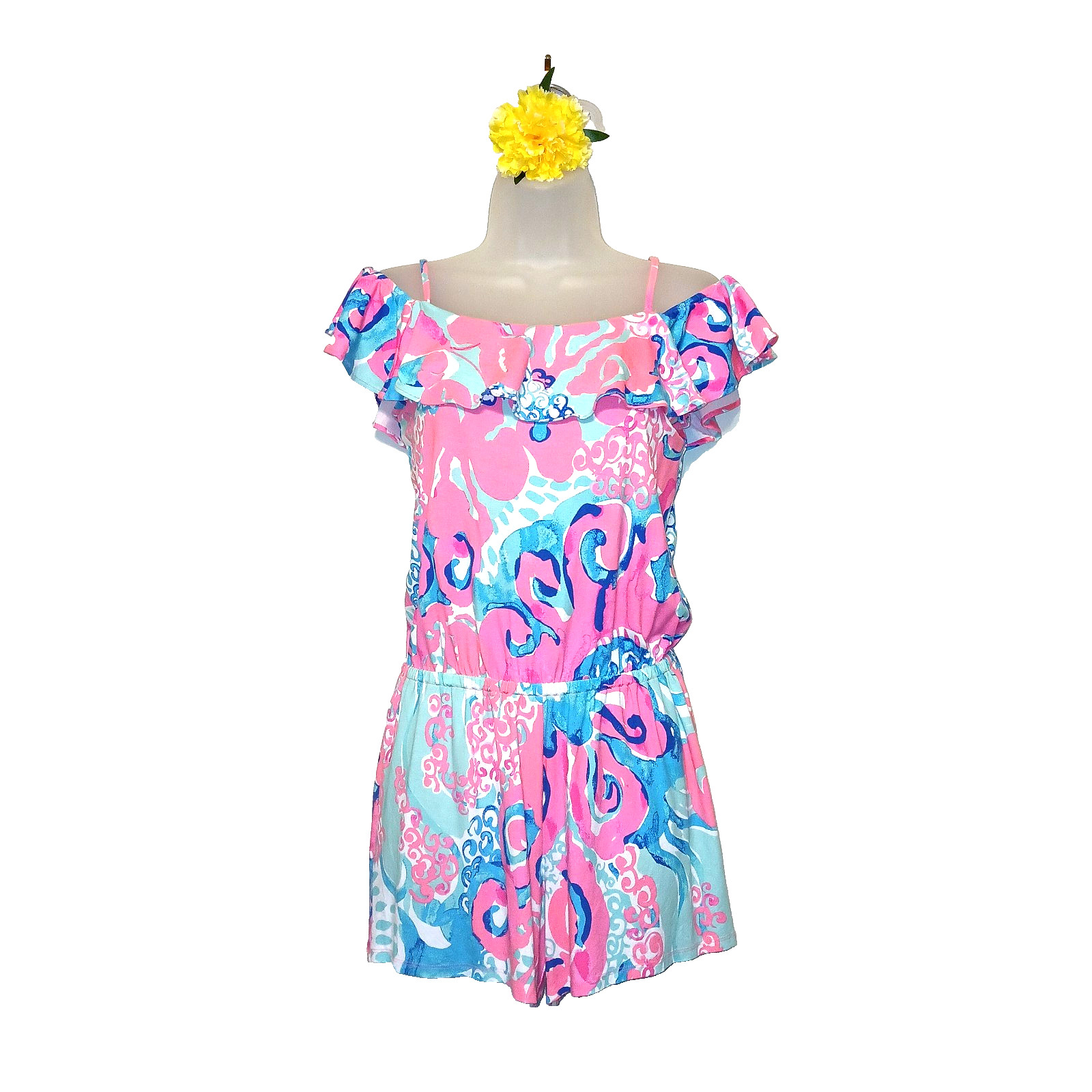 Lilly Pulitzer Klea Women Romper XS Pink Aqua Coral Reef Flirty Shorts Vacation