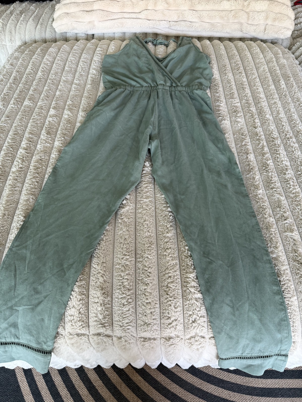 Cloth & Stone Sage Green Wide Leg Jumpsuit XS Anthropologie Tie Back Boho