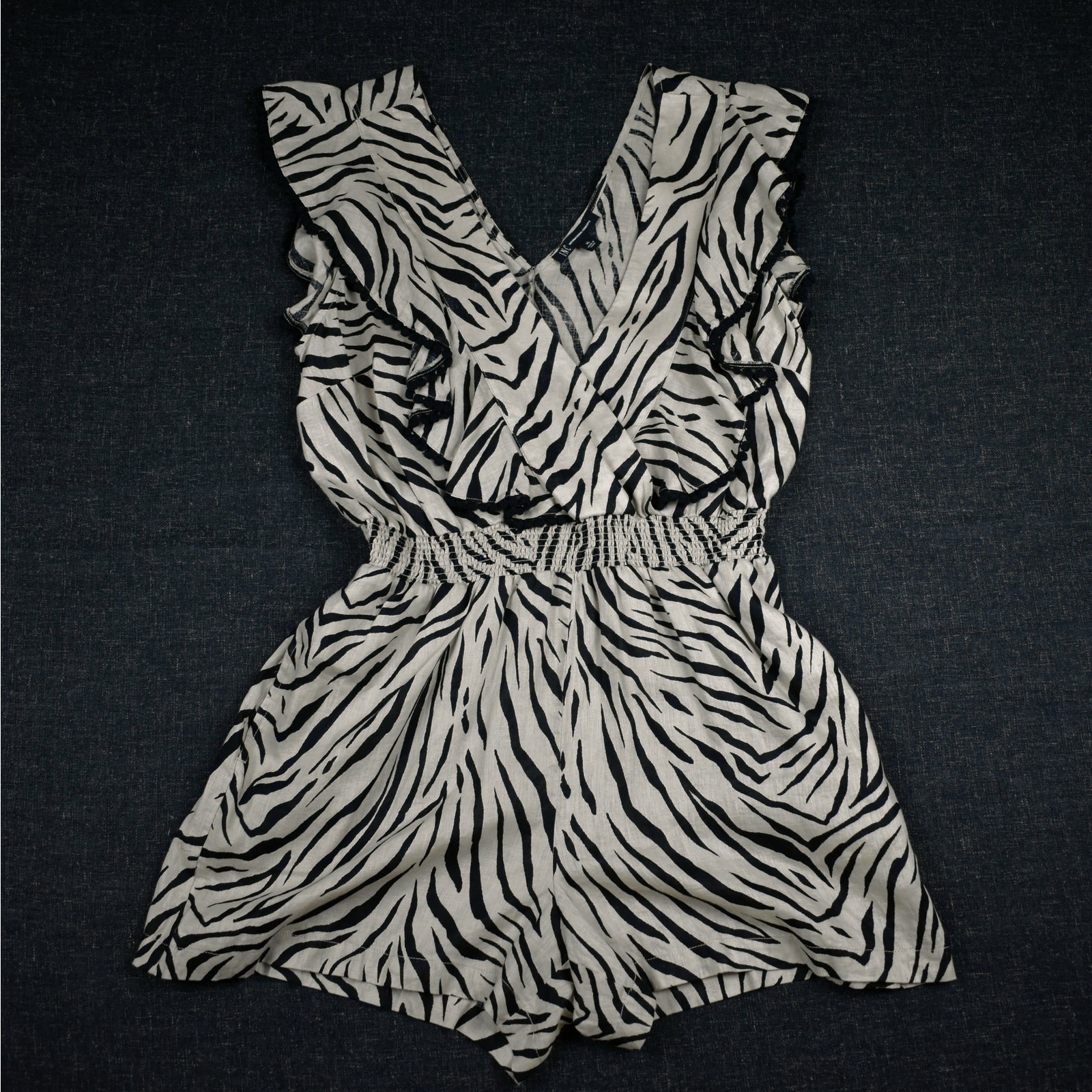 Linen Ruffle Romper Women’s XL Zebra Print Boho Beachy Coastal Summer Festival