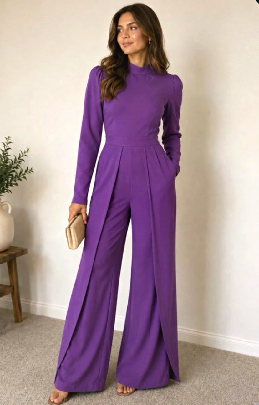 Women’s Purple Solid High Neck Long Sleeve Wide-Leg Jumpsuit Pockets M
