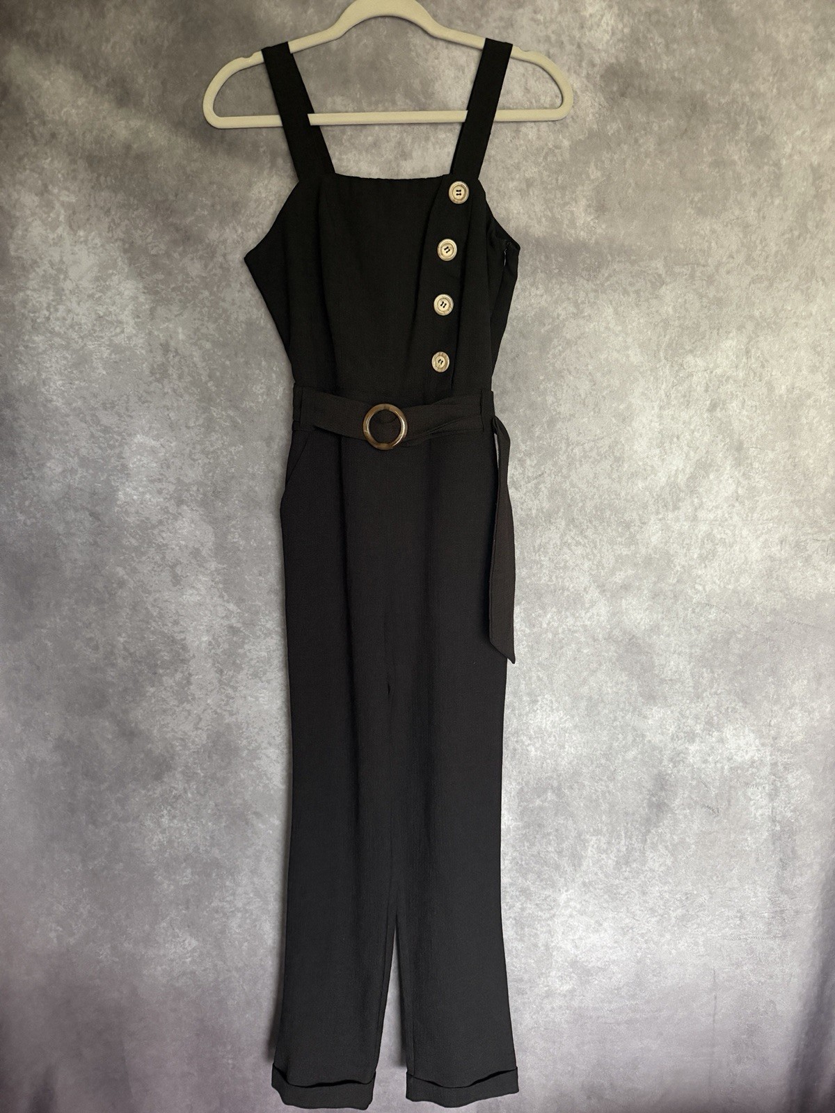 Chic Slate Blue Jumpsuit Romper with Belt Wide Leg Elegant Party Overalls Sz P