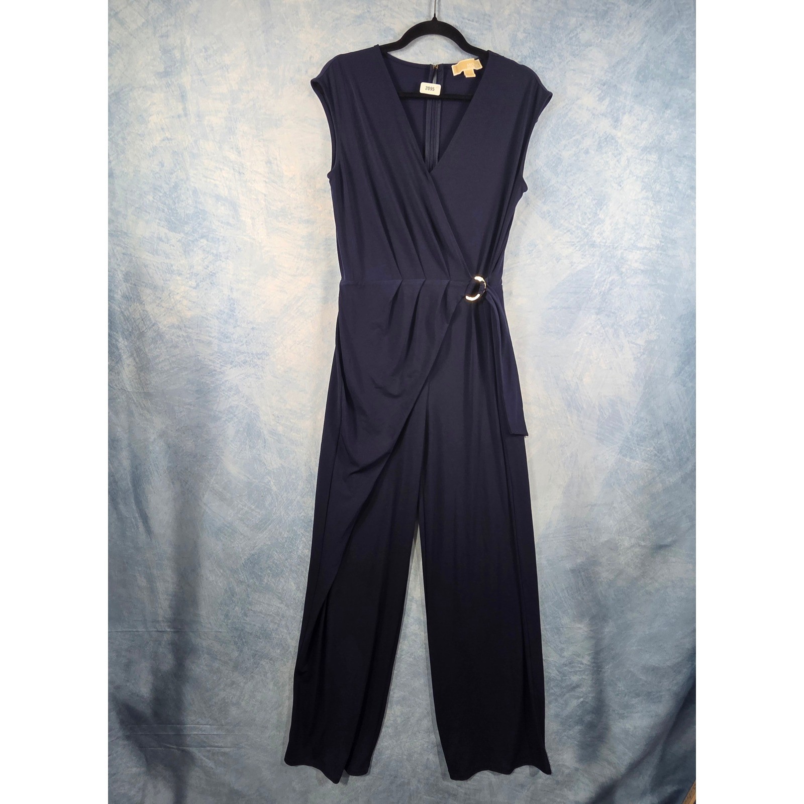 Michael Michael Kors Womens Navy Blue V-Neck Wide Leg Jumpsuit Gold O-Ring Small