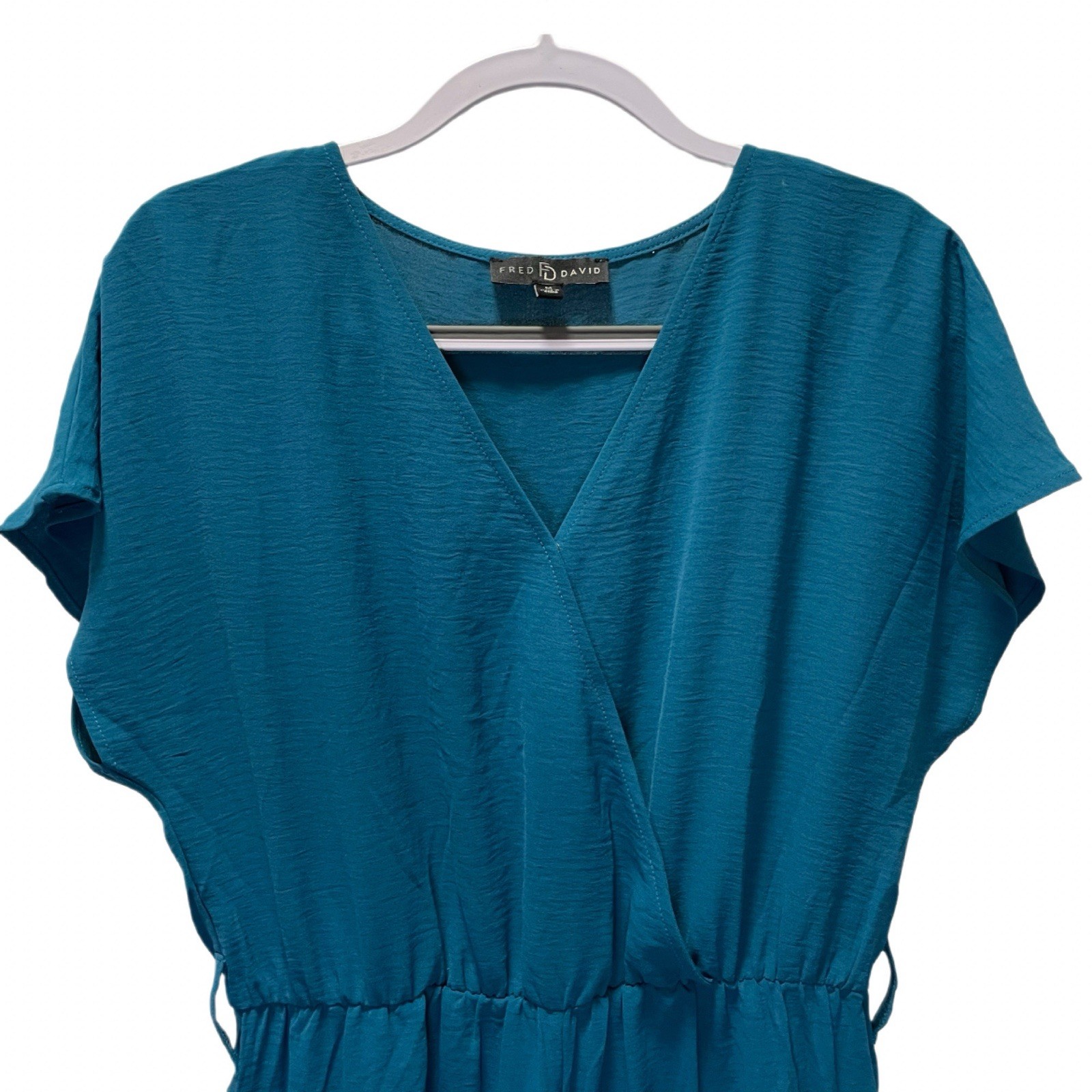 Fred David Women’s M Teal Crinkle Wrap Wide Leg Cargo Jumpsuit V-Neck Belted