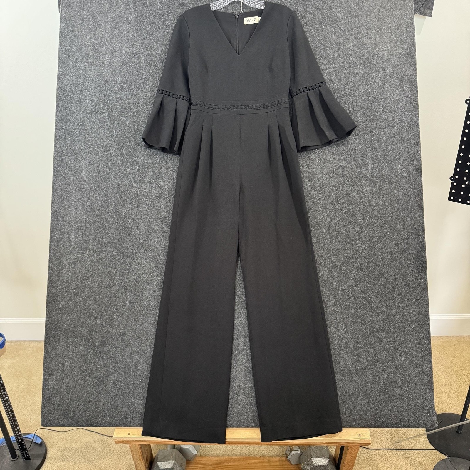 Eliza J Jumpsuit Women’s 4P Black Crepe Lace Bell Sleeve V Neck Wide Leg Formal