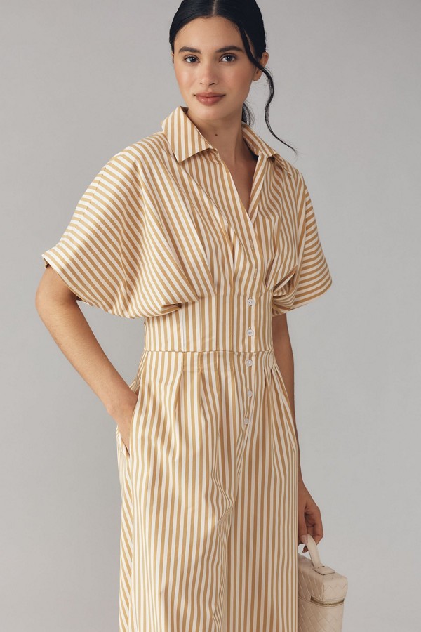 Anthropologie Tobie Pleated Jumpsuit Exquise Wide Leg Yellow Stripe Size XL NEW