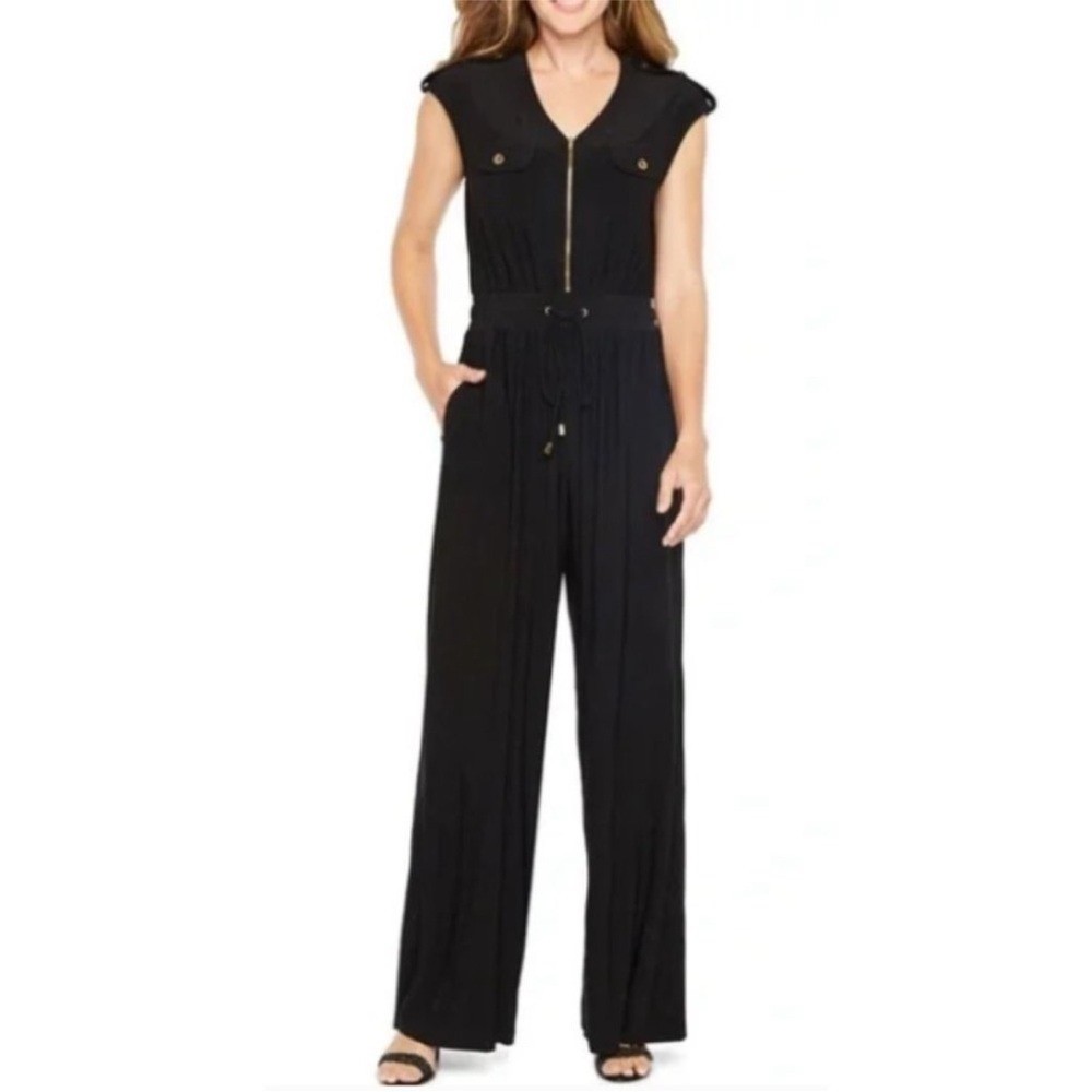 Emma & Michele Womens Wide Leg Jumpsuit Black Travel Party Office Athleisure