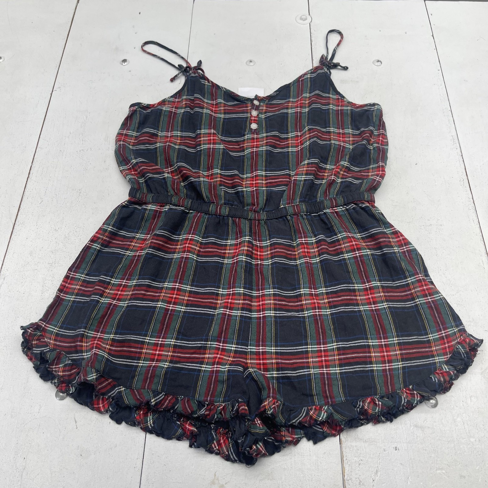 American Eagle Romper Womens XXL Plaid Flannel Ruffle Hem Loungewear Sleepwear