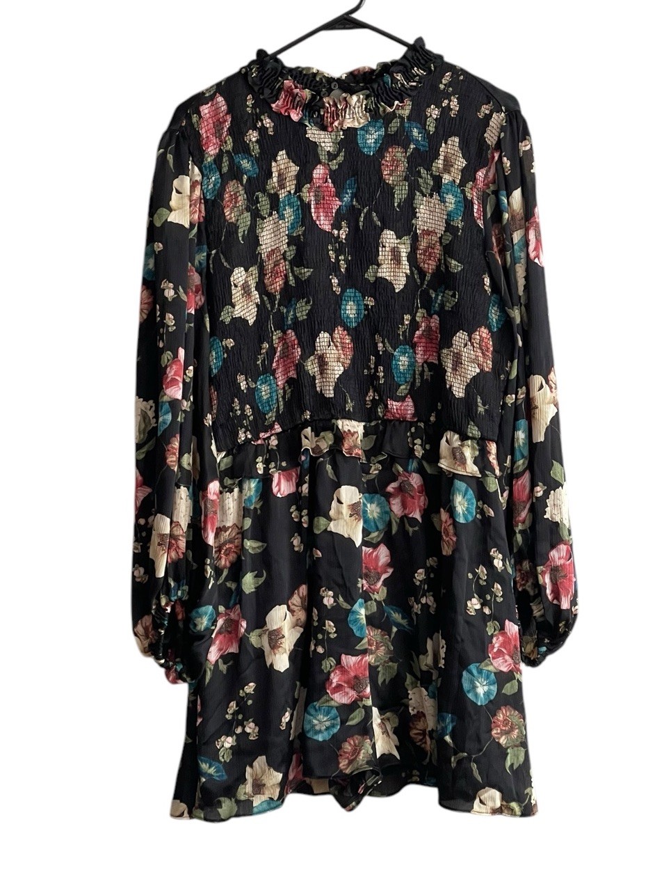 ZARA Multicolor Floral Romper Long Sleeve Chiffon Black XL High Neck Ruffle