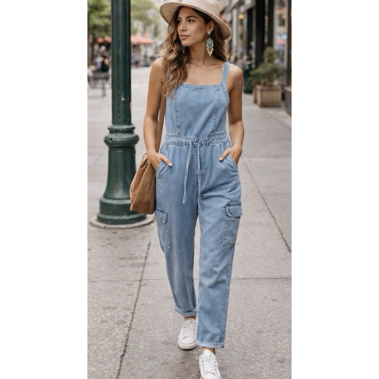 Tinsel Town Sz Sm Light Wash zipper back btn strap Denim Cargo Overalls