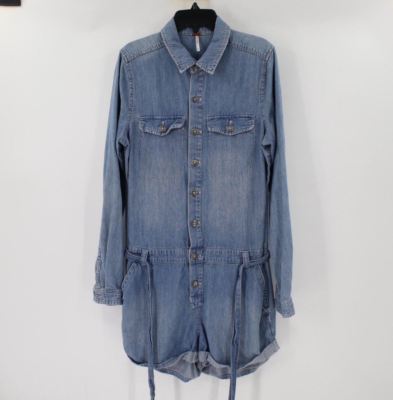 Free People Shortall Romper Women Small Long Sleeve Chambray Button up Waist Tie