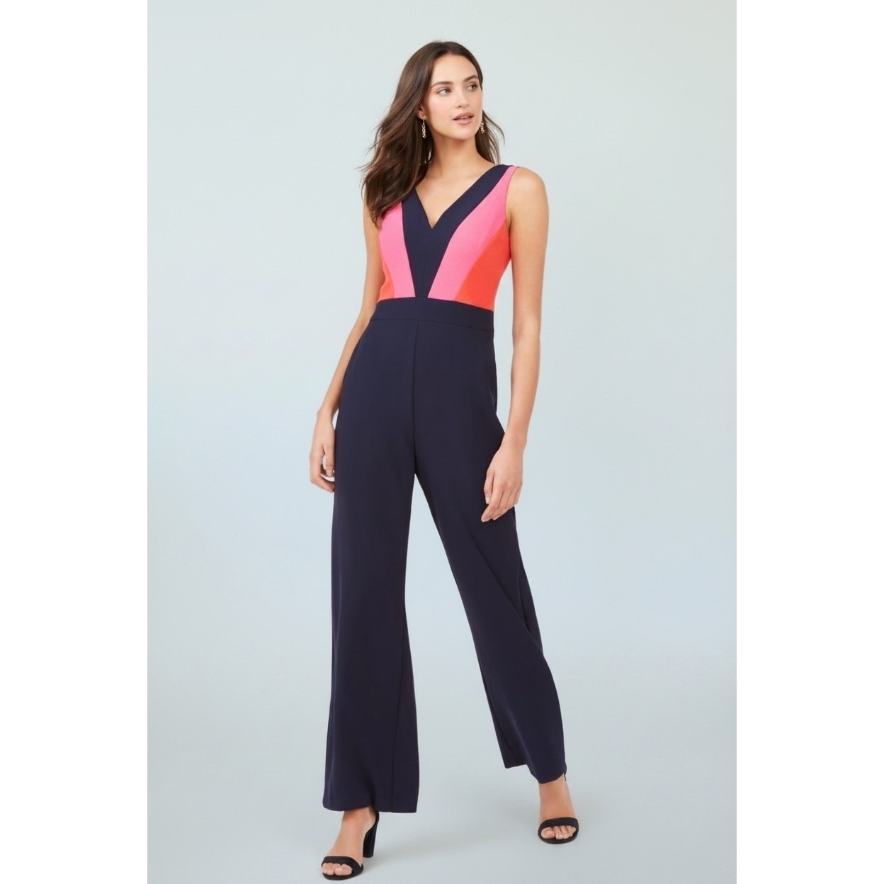 Vince Camuto Colorblock V-Neck Wide Leg Jumpsuit Navy Pink Sleeveless Pocket