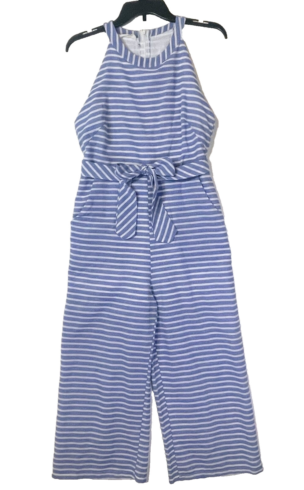 Pretty Garden Romper Jumpsuit Women’s Medium Belt Blue White Stripes Pockets