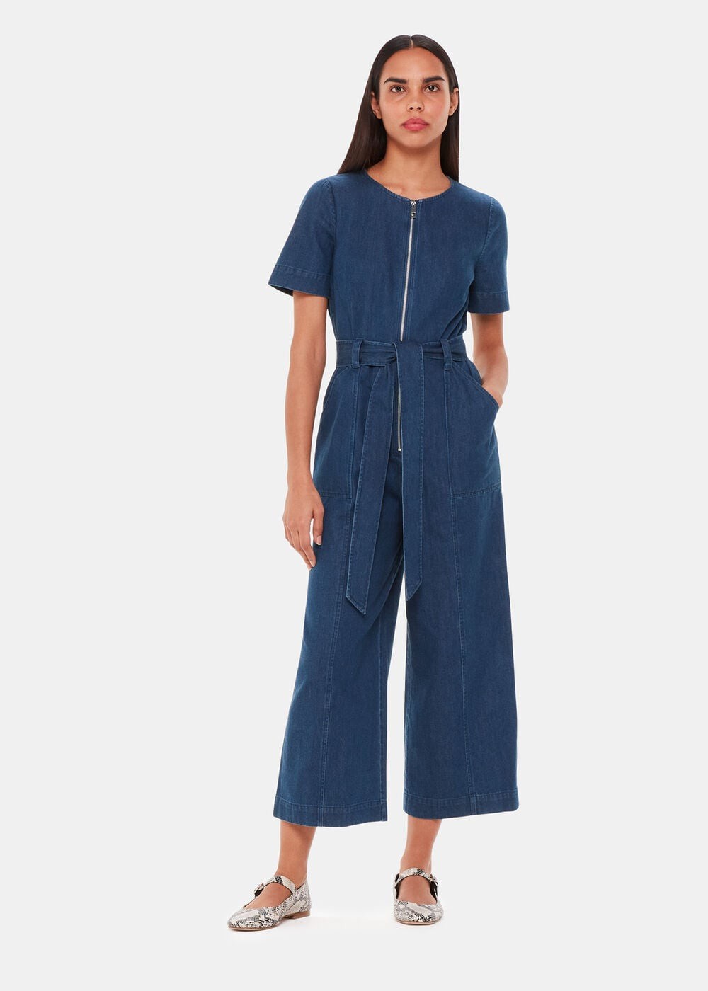 Whistles 100% Cotton Short Sleeve Blue Denim Jumpsuit with Tie Waist, Size UK 8