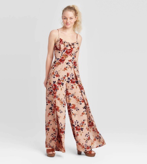 NWT. Xhiliration Blush Flowered Open Wide Leg Jumpsuit With Spaghetti Straps M