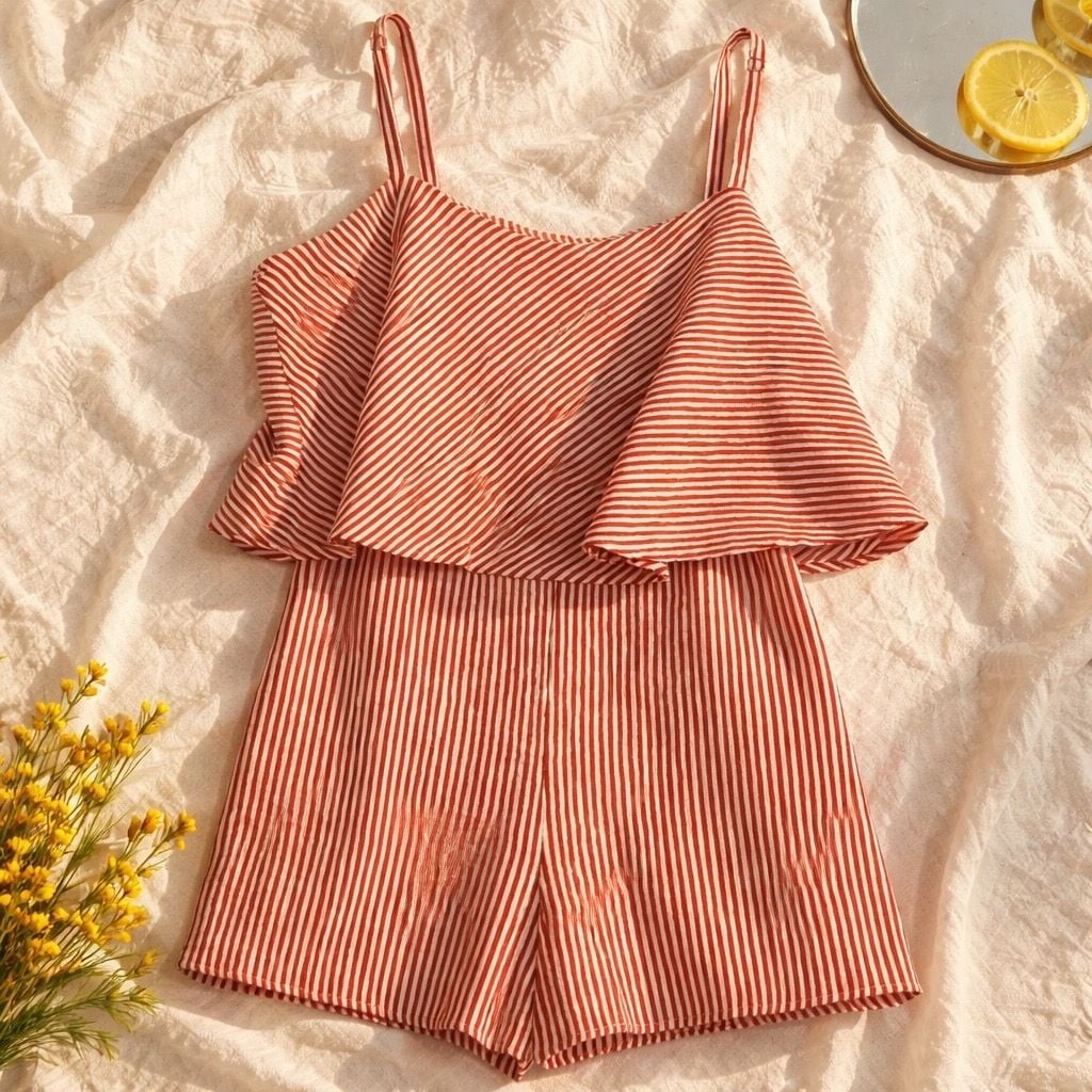 Gilli Red and White Striped Ruffle Romper Size L item 143