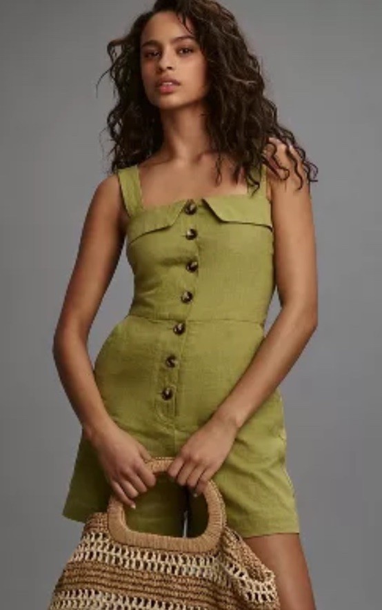 NWT Anthropologie ENGLISH FACTORY Women’s Linen Romper Self Tie Green Size XS!!