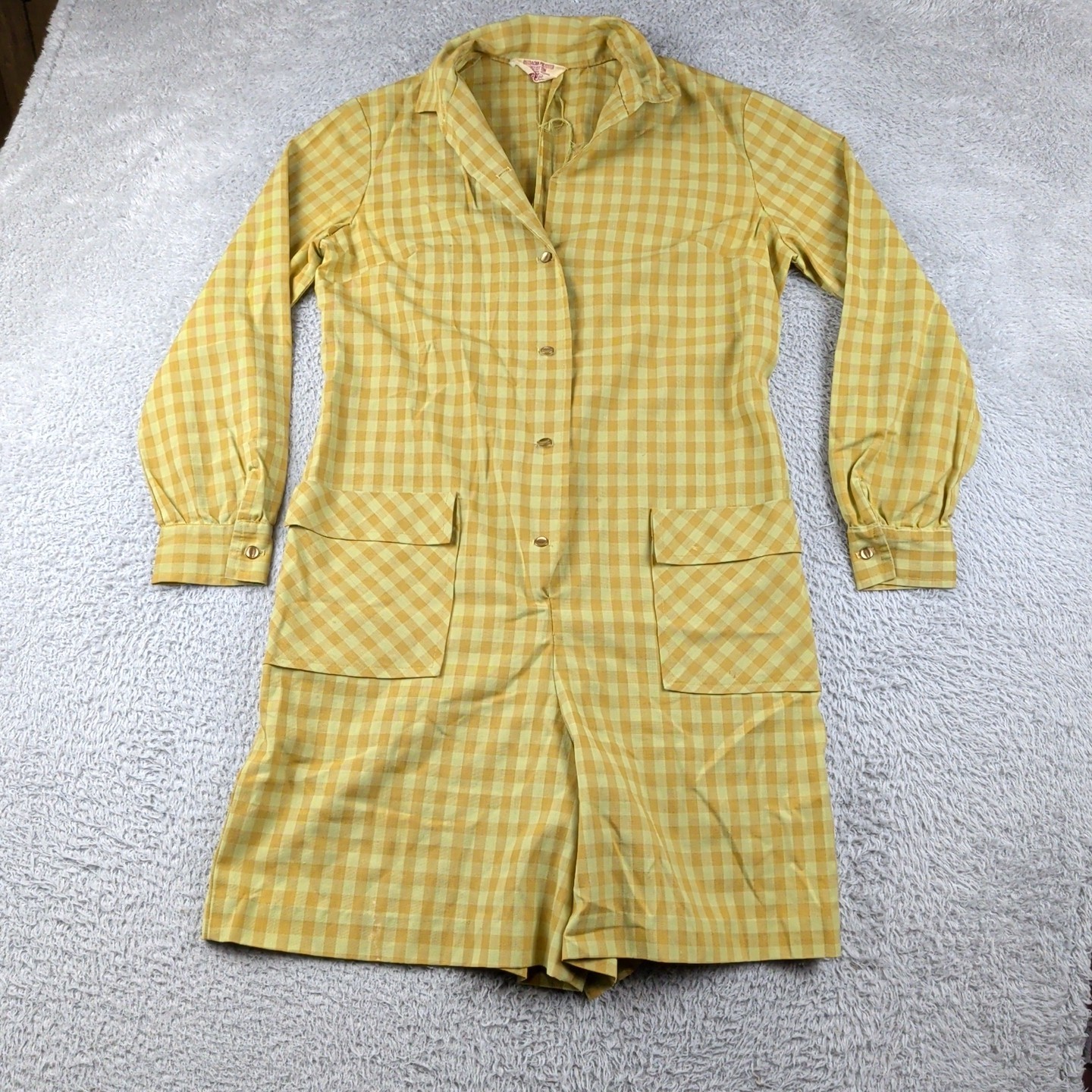 True Vintage Fritzi of California Romper Womens Green Gingham Button Up Mod