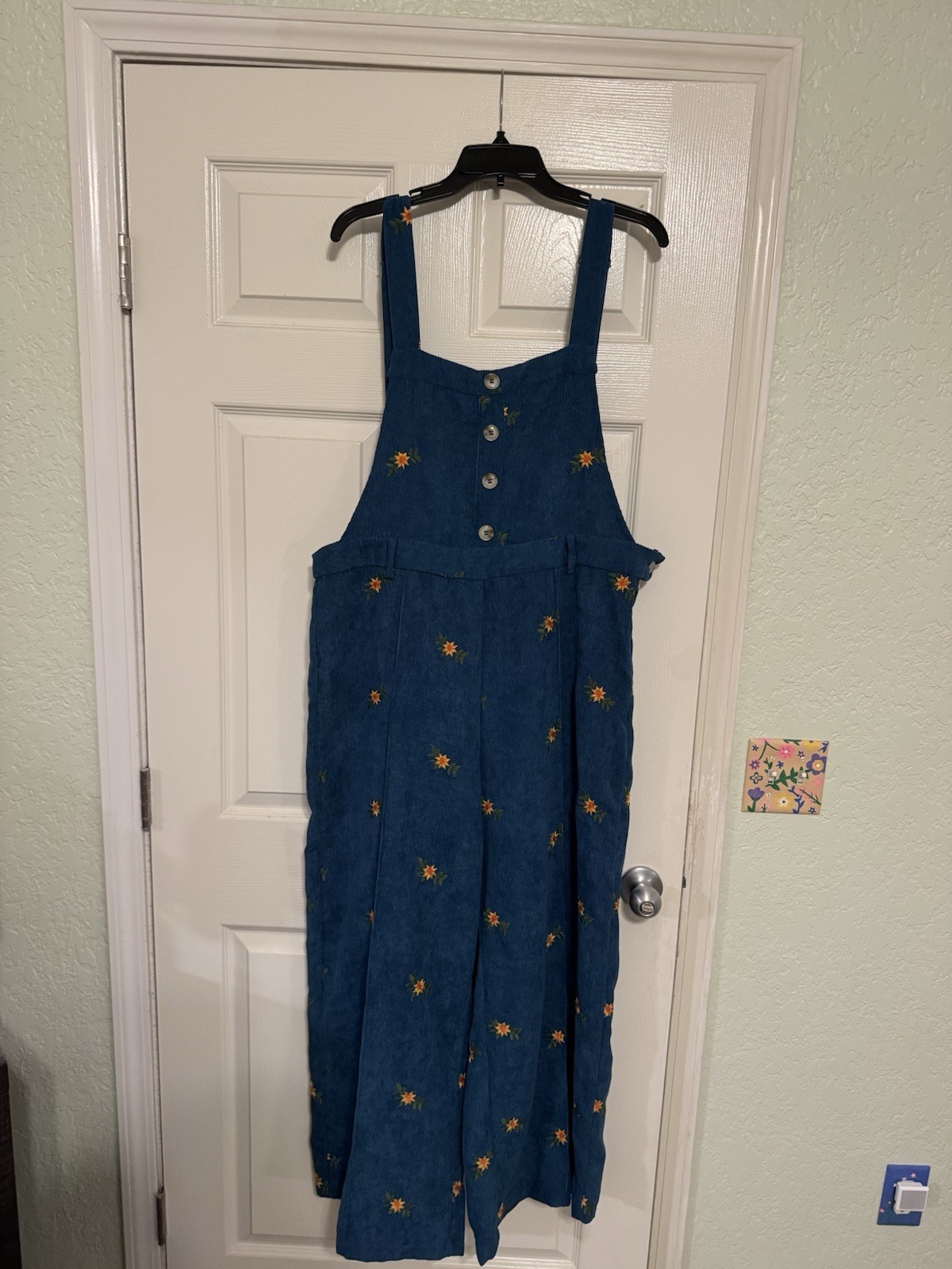 Cider Women’s Blue Corduroy Floral Embroidered Overall Jumpsuit XXL