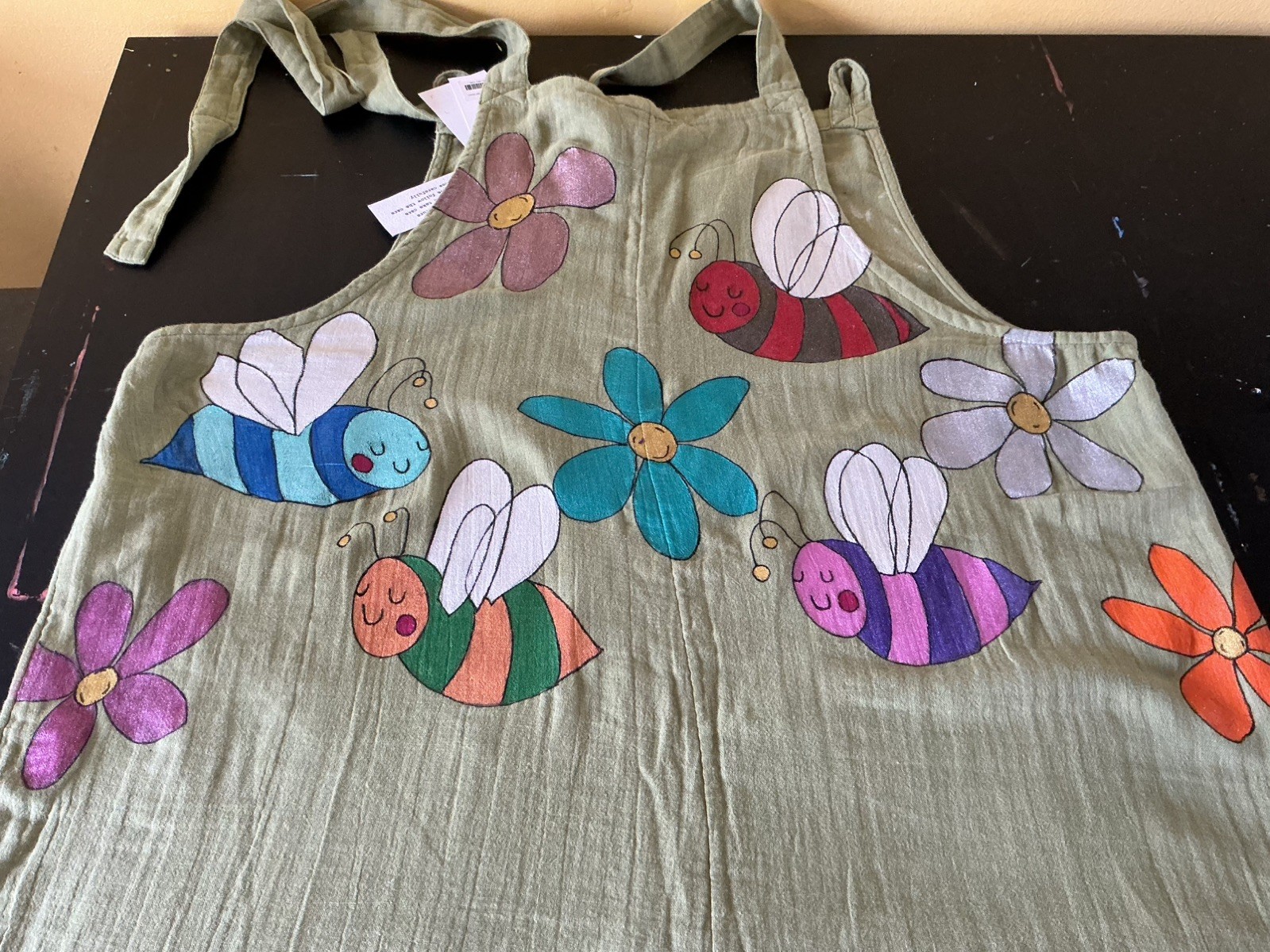 Lucy & Yak Dungarees: Custom design ‘Flowers & bees’ front & back Uk16 30”N.W.T.